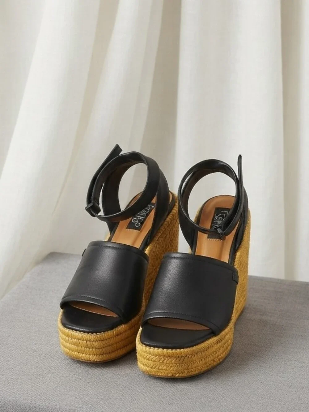 Franco Sarto Women's Toni Espadrille Wedge Sandals in black leather.